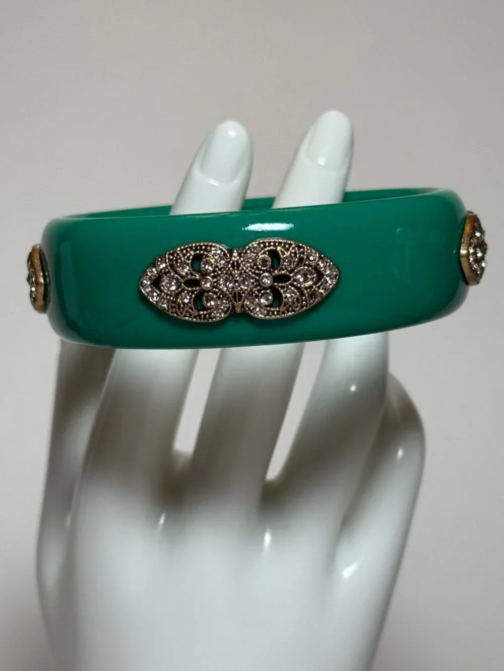 Green Teal Jeweled Cuff Bangle Bracelet Faux Diamond Jeweled Vintage Look